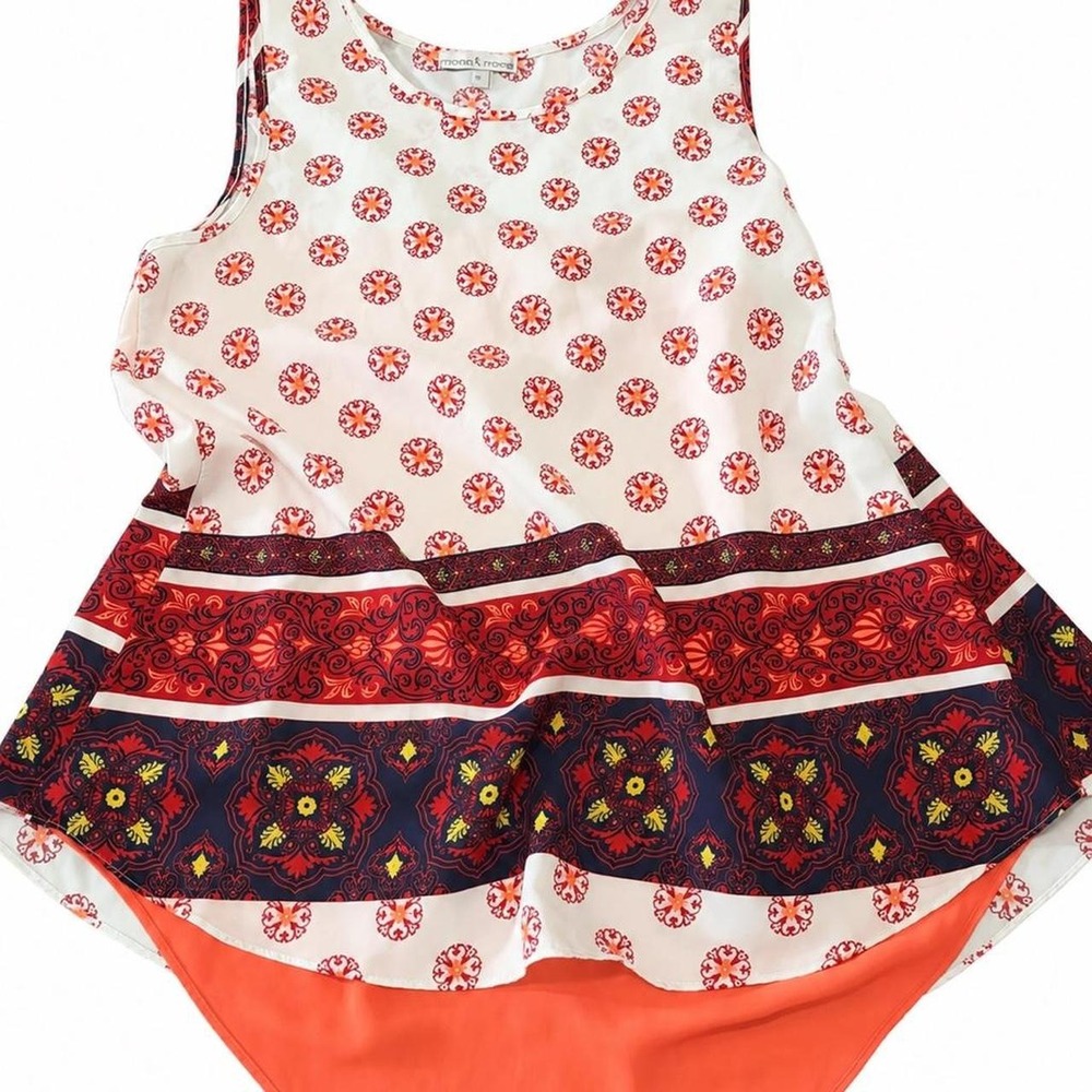 Moa & Moa Womens Boho Medallion Print Sleeveless Hi-Low Split Back Blouse Red S